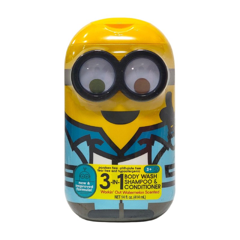 SHAMPOO PARA NIÑOS 3 EN 1 SHAMPOO, ACONDICIONADOR Y SHOWER GEL AROMA A UVA MINIONS 414ML