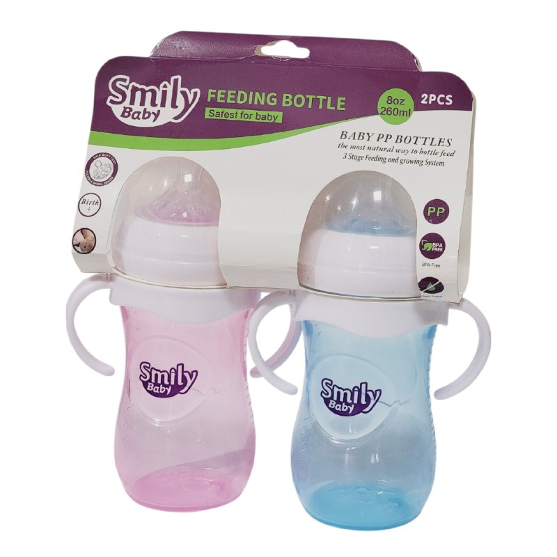 BIBERON CHUPON PARA BEBES EN SET DE 2 PIEZAS CON ASAS CAPACIDAD DE 330ML SMILY BABY