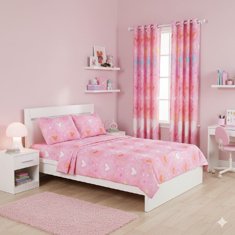 JUEGO DE SABANAS MATRIMONIAL EN SET CON CORTINAS PARA NIÑAS DE 6 PIEZAS CORAZONES BENELI HOME