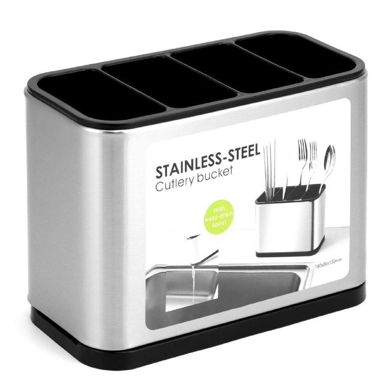 ESTANTE ORGANIZADOR DE ALMACENAMIENTO PARA CUCHARAS, TENEDORES Y CUCHILLOS CON BOQUILLA DE ESCURRIDO DE ACERO INOXIDABLE