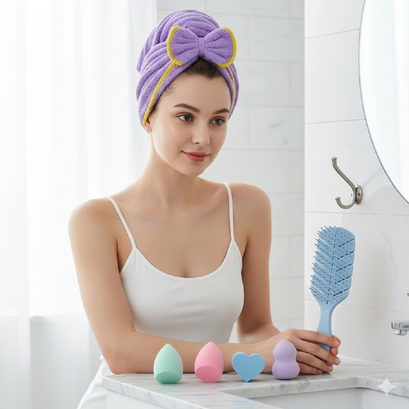 KIT DE CUIDADO FACIAL, GORRO, CEPILLO PELO Y ESPONJAS DE MAQUILLAJE KISS LOVELY, 5 COLORES