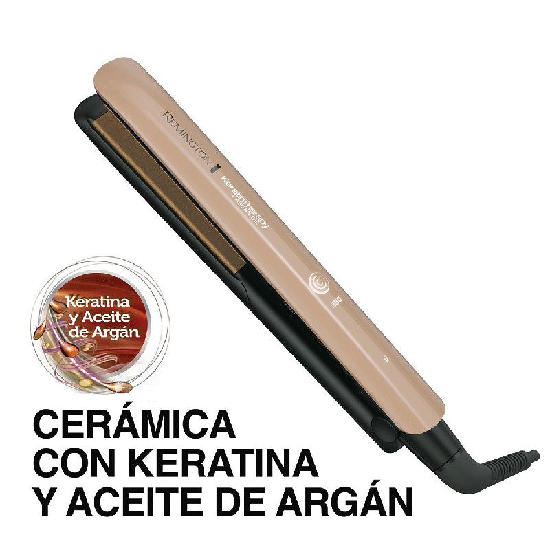 PLANCHA PARA EL CABELLO, TECNOLOGIA DE KERATINA Y ACEITE DE ARGAN, RECUBRIMIENTO DE CERAMICA CON MICROACONDICIONADOR, CALENTAMIENTO RAPIDO, APAGADO AUTOMATICO REMINGTON