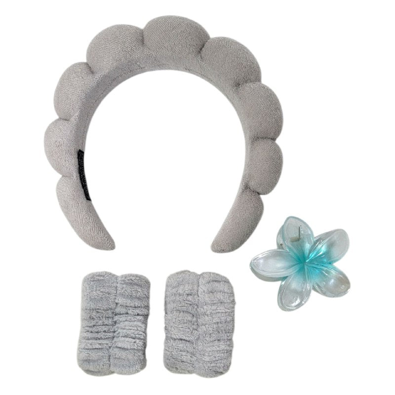 KIT DE CUIDADO FACIAL, GANCHO FLOR HAWAIANA, DIADEMA Y MUÑEQUERA SKIN CARE, 6 ESTILOS