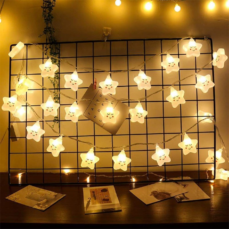 LUCES DECORATIVAS NAVIDEÑAS FORMA DE ESTRELLA SONRIENTE PARA EL HOGAR, DORMITORIO, DE BATERIAS, 20 LUCES, 3 METROS