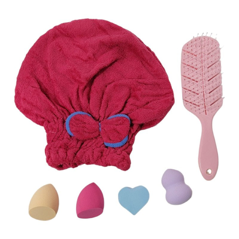 KIT DE CUIDADO FACIAL, GORRO, CEPILLO PELO Y ESPONJAS DE MAQUILLAJE KISS LOVELY, 5 COLORES