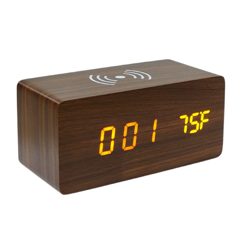 RELOJ DESPERTADOR DIGITAL TIPO MADERA CON FUNCION DE CARA INALAMBRICA Y TEMPERATURA USB, 4 ESTILOS