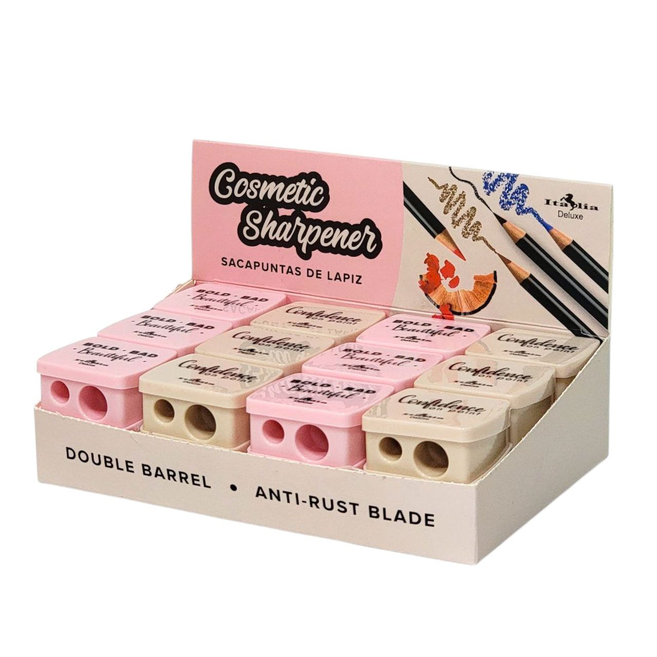 SACAPUNTAS DE LAPIZ DELINEADORES DE OJOS, LABIOS, ETC DOBLE HOJA ANTIOXIDO 2 COLORES ITALIA DELUXE COSMETIC SHARPENER