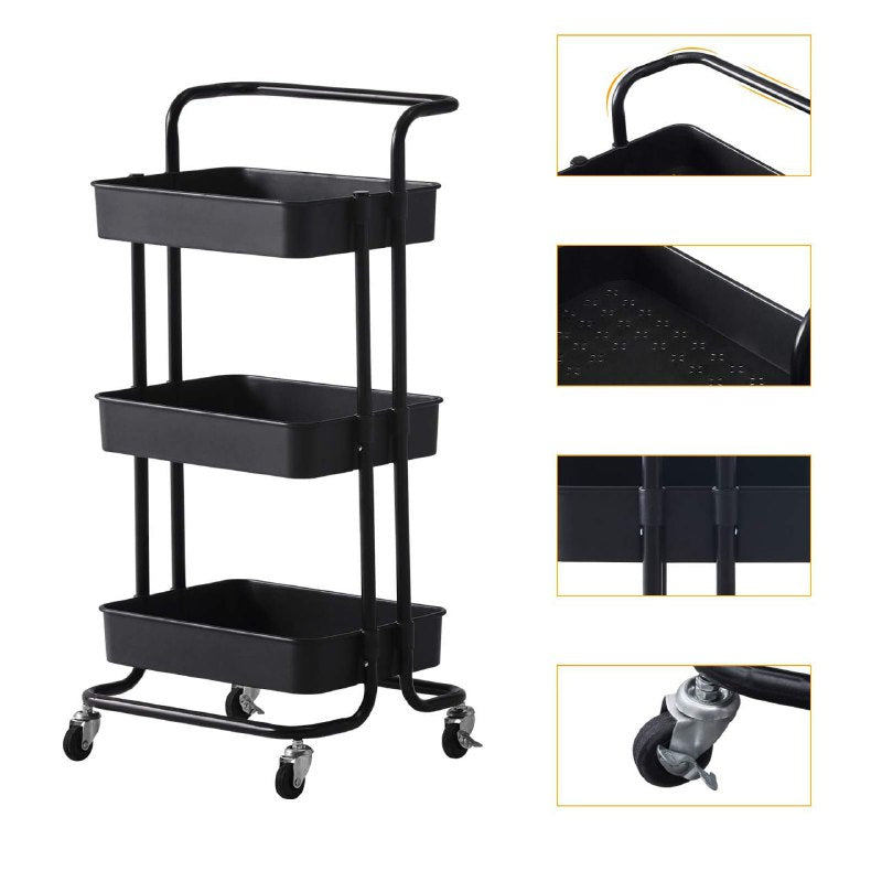 ESTANTE CARRITO DE ALMACENAMIENTO RODANTE DE 3 NIVELES PLASTICO COLOR NEGRO