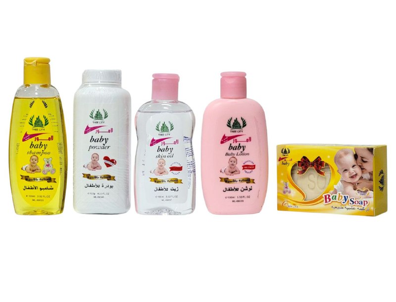 SET DE REGALO PARA EL CUIDADO DEL BEBE DE 5 PIEZAS, JABON 100G, TALCO 120G, LOCION 100ML, ACEITE 100ML, SHAMPOO 100ML TREE CITY BABY CARE