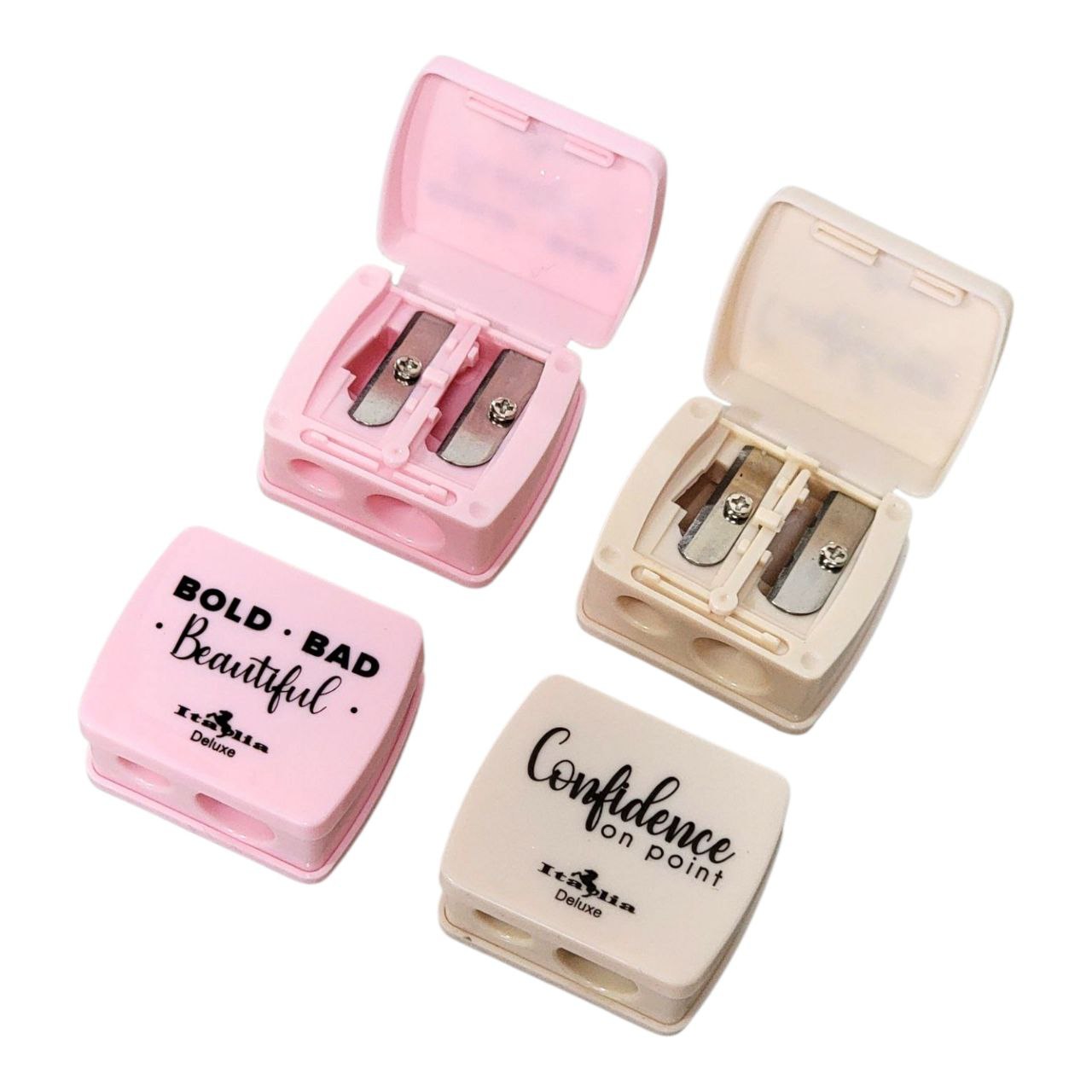 SACAPUNTAS DE LAPIZ DELINEADORES DE OJOS, LABIOS, ETC DOBLE HOJA ANTIOXIDO 2 COLORES ITALIA DELUXE COSMETIC SHARPENER