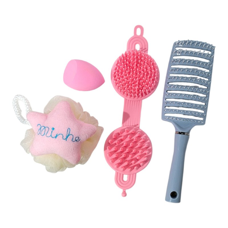 SET DE CUIDADO PERSONAL, ESPONJA MAQUILLAJE, ESPONJA DE BAÑO Y CEPILLO DE PELO SWEET BEAUTY