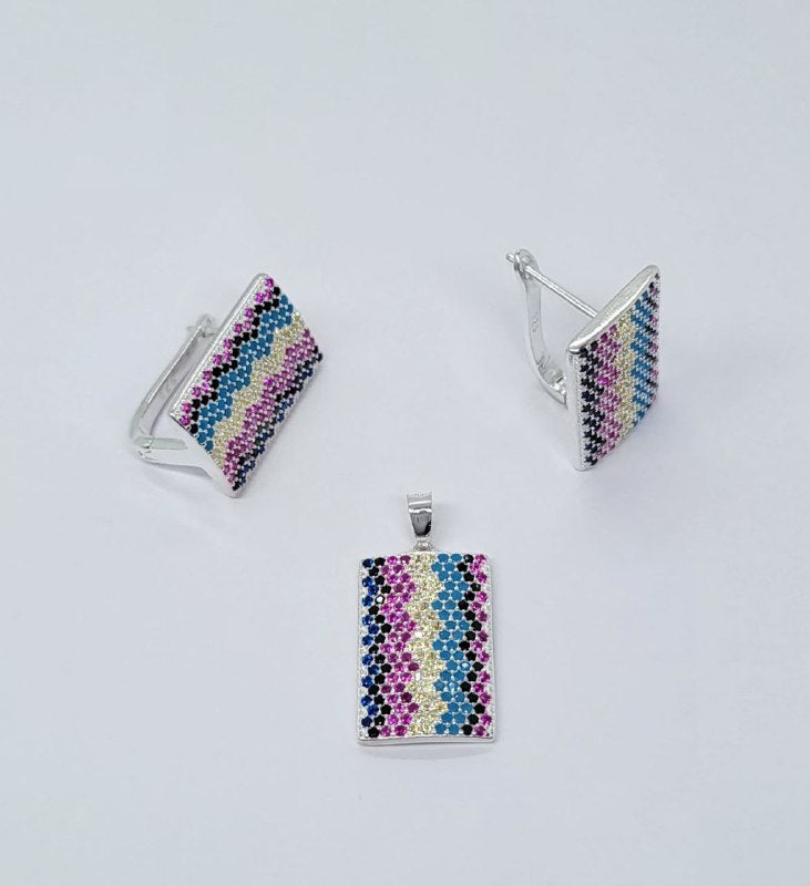 PSET2621 SET CUADRADO CON ZIRCONIA MULTICOLOR  PLATA 9.25