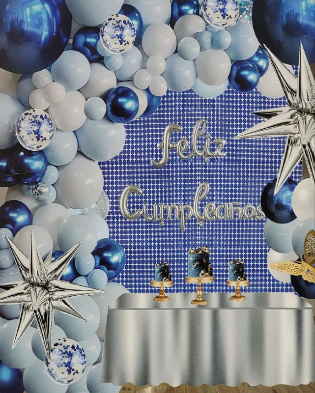 DECORACION PARA CUMPLEAÑOS EN SET COMPLETO, MANTEL METALICO, 2 CORTINAS, 105 GLOBOS