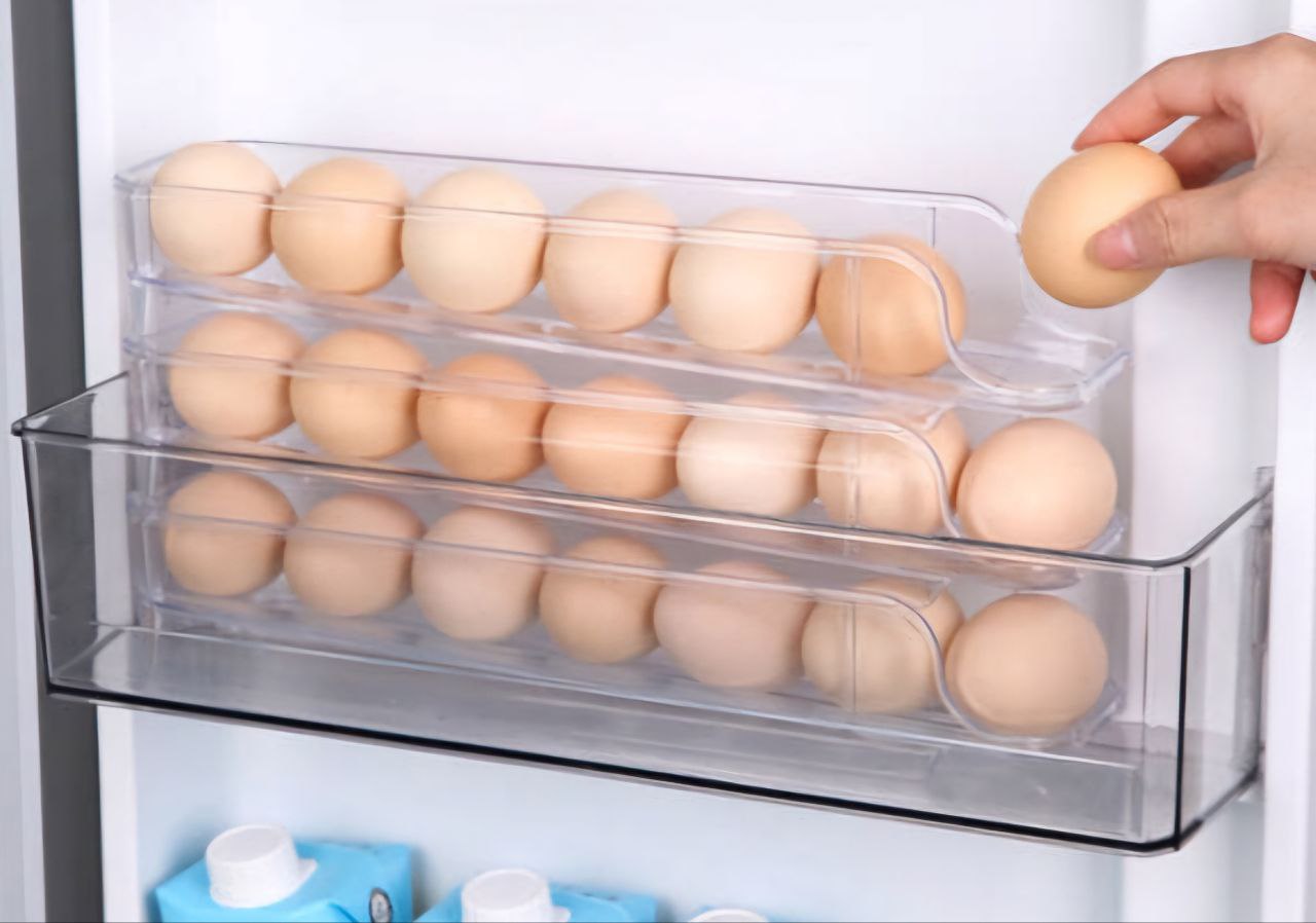 ORGANIZADOR DE HUEVOS TRANSPARENTE TRIPLE CAPA DE 7 HUEVOS CADA UNA ROLLING EGG BOX