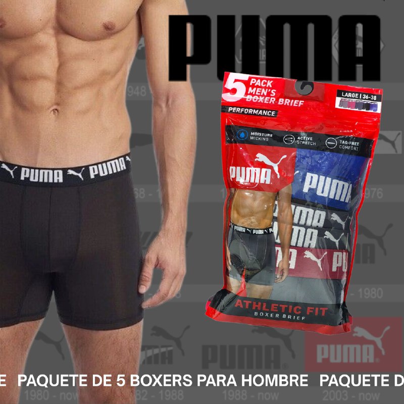 ROPA INTERIOR PARA CABALLERO PUMA ATHLETIC FIT BOXER BRIEF 5 UNIDADES TALLA LARGE 36-38 (L)