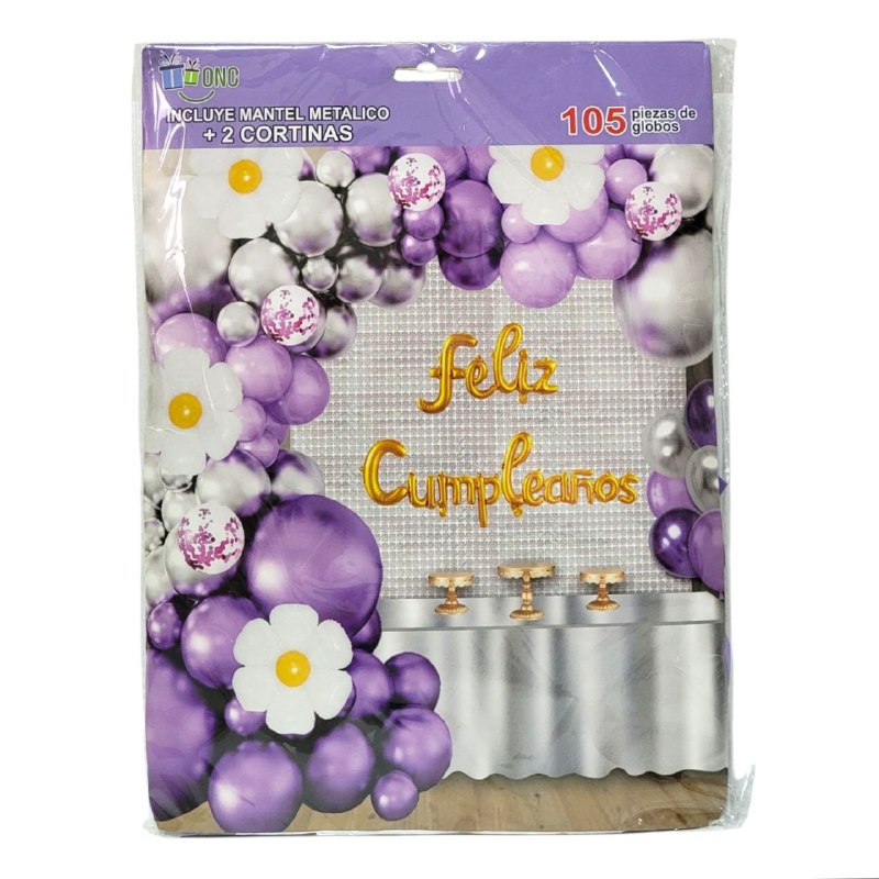 DECORACION PARA CUMPLEAÑOS EN SET COMPLETO, MANTEL METALICO, 2 CORTINAS, 105 GLOBOS