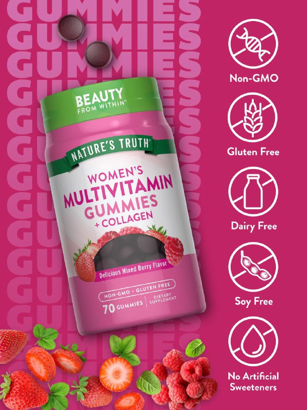 VITAMINAS EN GOMITAS SABOR BAYAS MIXTAS SIN GLUTEN MULTIVITAMINICAS PARA MUJERES Y COLAGENO NATURE S TRUTH 70UND