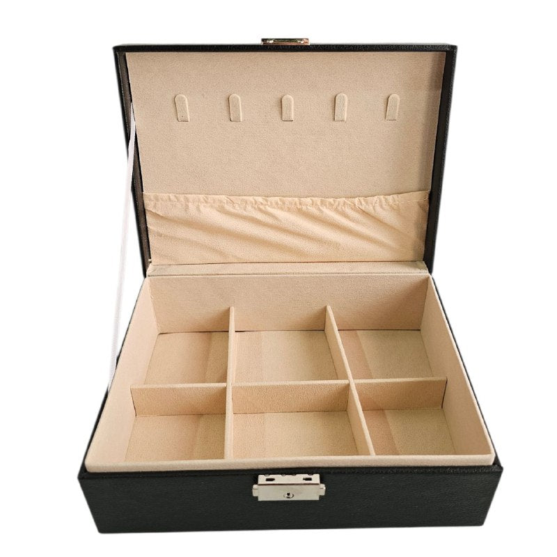 ORGANIZADOR JOYERO DE CUERO SINTETICO CON MULTIPLES COMPARTIMIENTOS Y CIERRE CON LLAVE 20X18X10CM