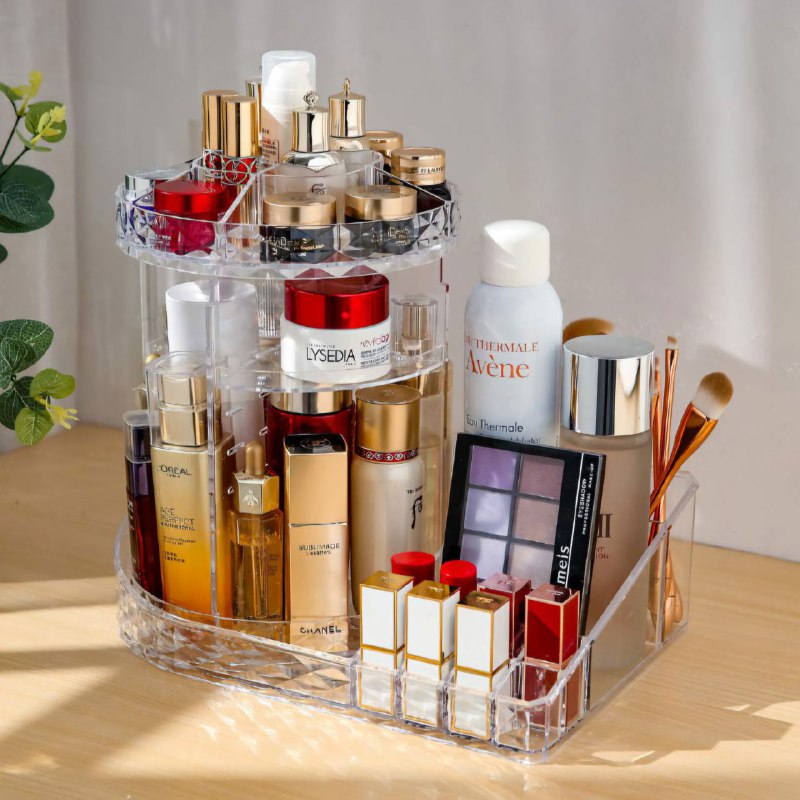 ORGANIZADOR ESTANTE DE COSMETICOS TRANSPARENTE EN FORMA DE L, CON ROTACION DE 360 GRADOS, MULTIFUNCION PATRON DE DIAMANTE ACRILICO 11.4X13.0X8.5"