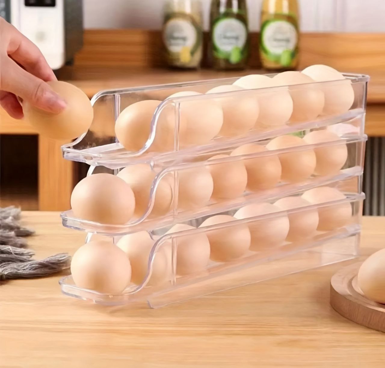 ORGANIZADOR DE HUEVOS TRANSPARENTE TRIPLE CAPA DE 7 HUEVOS CADA UNA ROLLING EGG BOX