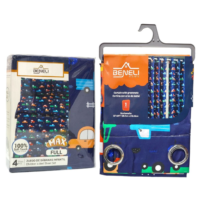 JUEGO DE SABANAS MATRIMONIAL EN SET CON CORTINAS PARA NIÑOS DE 6 PIEZAS CARROS BENELI HOME
