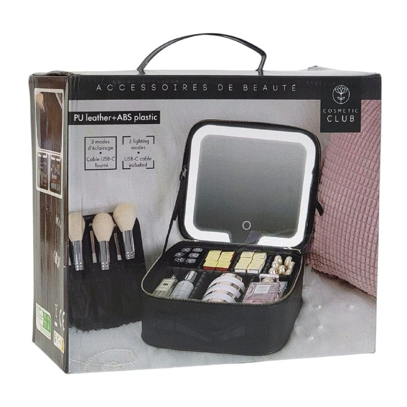 ESTUCHE ORGANIZADOR DE MAQUILLAJE CON ESPEJO LED 3 MODOS DE ILUMINACION, RESISTENTE AL POLVO Y AGUA, CORREA AJUSTABLE, 3 COLORES ACCESOIRES BEAUTE