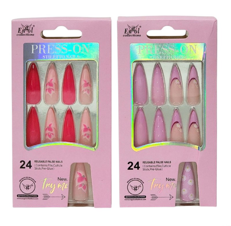 UÑAS PRESS ON, POSTIZAS REUTILIZABLES EN SET DE 24 UÑAS, LIMA, PAILLO PARA CUTICULA Y PEGAMENTO ENGOL COLLECTIONS