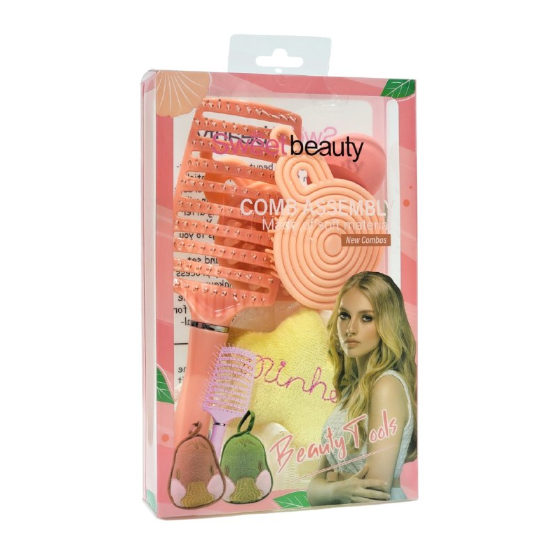 SET DE CUIDADO PERSONAL, ESPONJA MAQUILLAJE, ESPONJA DE BAÑO Y CEPILLO DE PELO SWEET BEAUTY