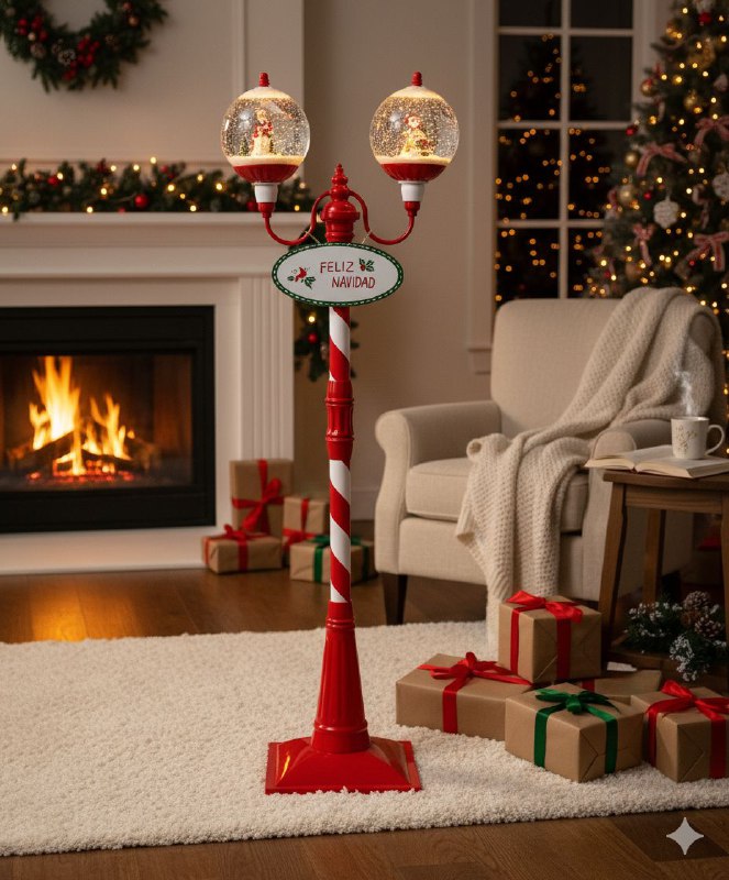 DECORACION ADORNO FAROL DOBLE NAVIDEÑO ELECTRICO MUSICAL CON NEVADA ARTIFICIAL Y ILUMINACION LED, PARA INTERIORES O EXTERIORES 49.5X34X63CM