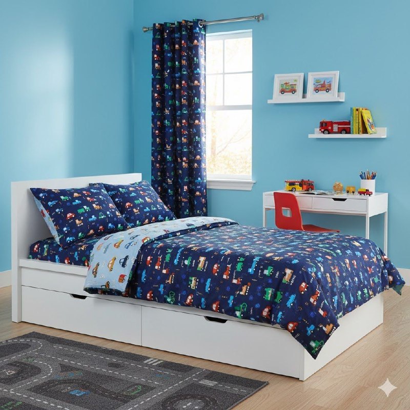 JUEGO DE SABANAS MATRIMONIAL EN SET CON CORTINAS PARA NIÑOS DE 6 PIEZAS CARROS BENELI HOME