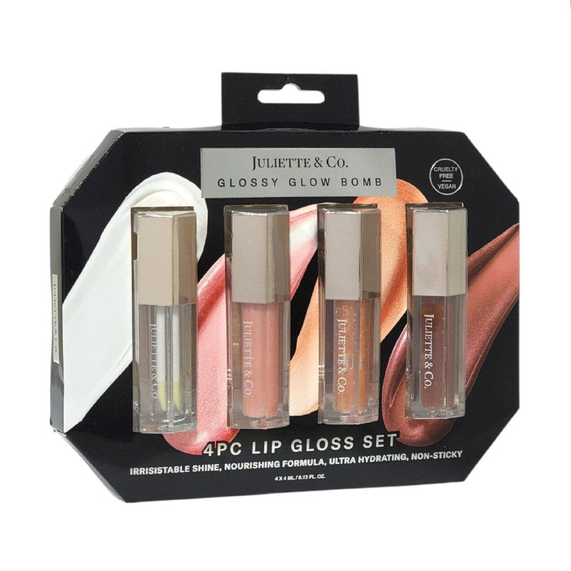 BRILLO LABIAL EN SET DE 4 PIEZAS DUPE DE FENTY BEAUTY, DEJA LOS LABIOS SUAVES TODO EL DIA JULIETTE & CO 4MLX4