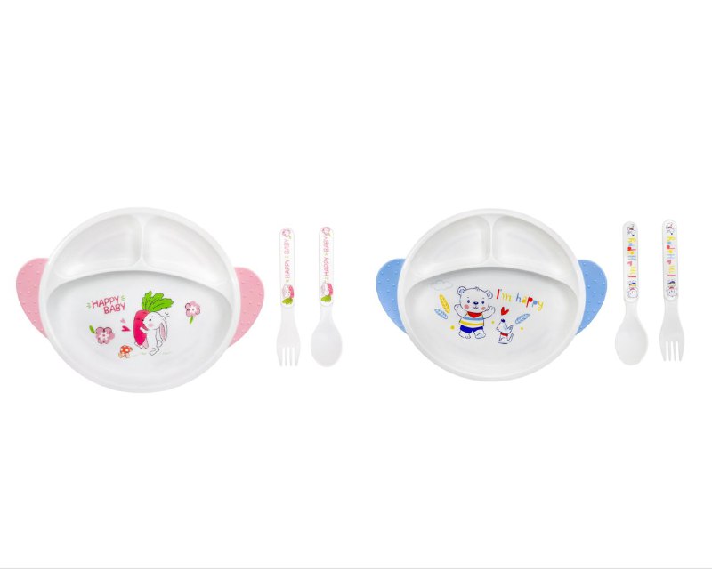 PLATO EN SET INFANTIL PARA BEBES 3 EN 1, PLATO CON COMPARTIMIENTOS, TENEDOR Y CUCHARA