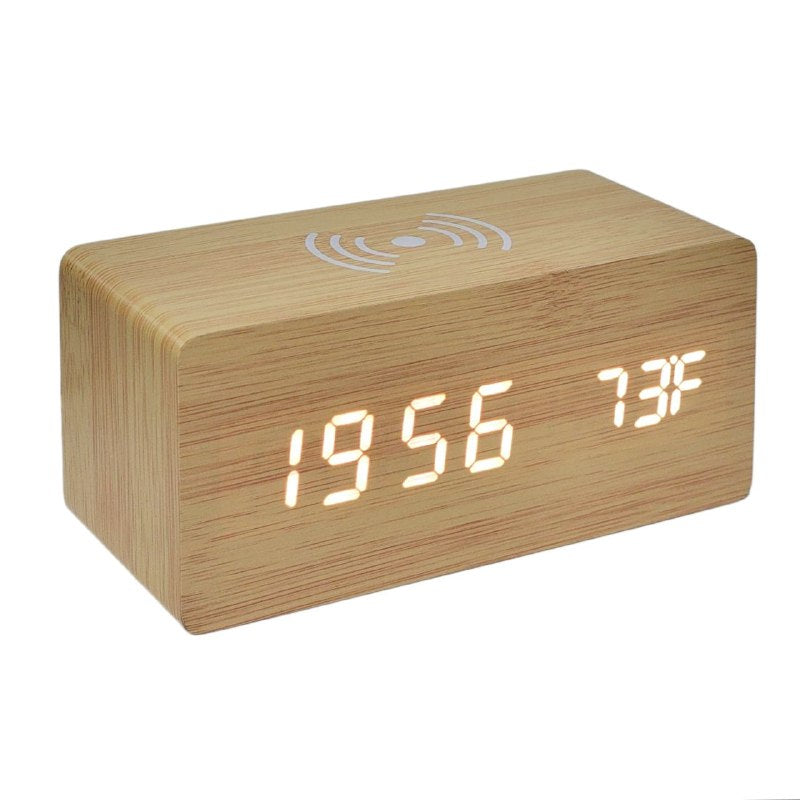 RELOJ DESPERTADOR DIGITAL TIPO MADERA CON FUNCION DE CARA INALAMBRICA Y TEMPERATURA USB, 4 ESTILOS