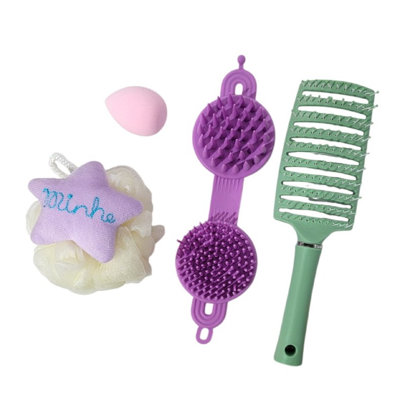 SET DE CUIDADO PERSONAL, ESPONJA MAQUILLAJE, ESPONJA DE BAÑO Y CEPILLO DE PELO SWEET BEAUTY