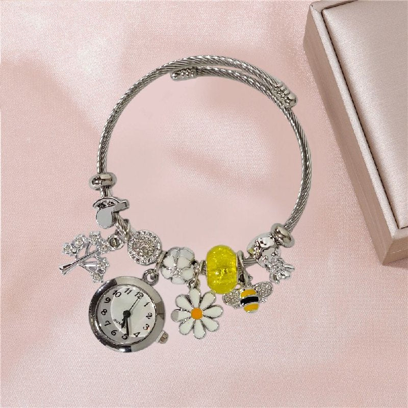 RELOJ ECONOMICO ESTILO PANDORA PARA DAMA DE ACERO CON BAÑO DE ENCHAPE