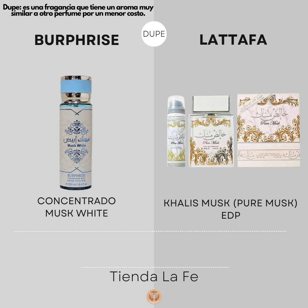 SPRAY PERFUMADO CONCENTRADO BURHRISE MUSK WHITE 250ML (M)(DUPE DE LATTAFA KHALIS MUSK (PURE MUSK) EDP 100ML)