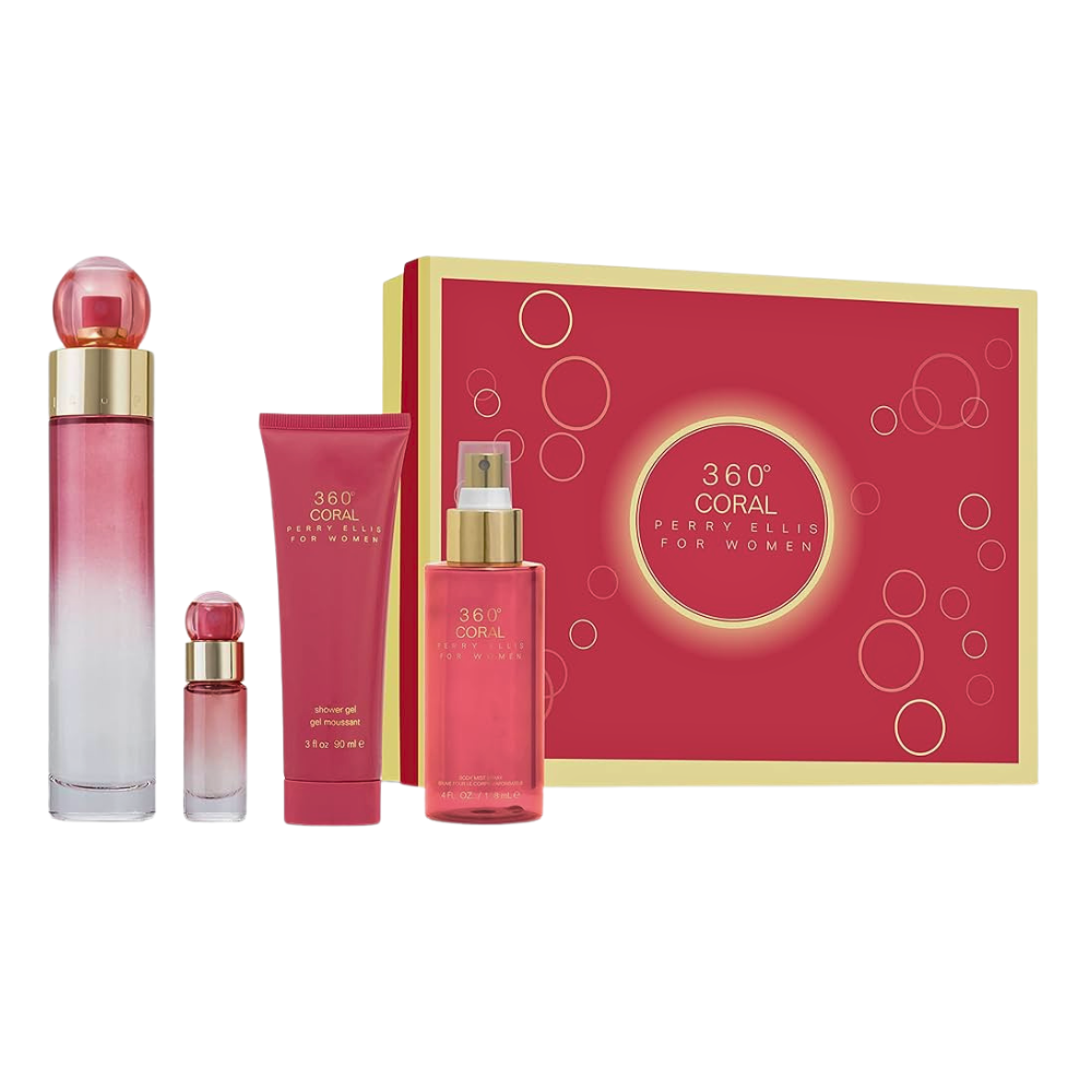 SET PERRY ELLIS 360 CORAL FOR WOMEN EDP 100ML, EDP 7.5ML, SHOWER GEL 90ML, BODY MIST 118ML (M)