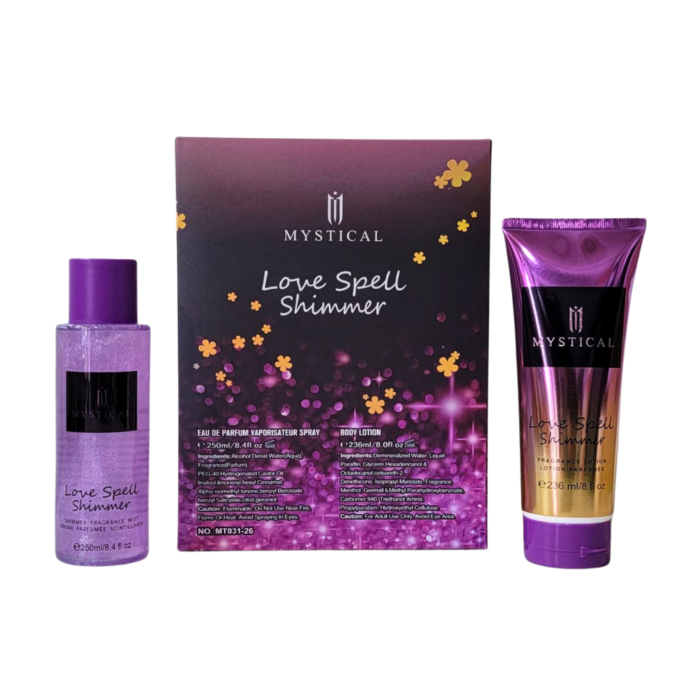 SET MYSTICAL LOVE SPELL SHIMMER SPLASH 250ML, BODY LOTION 236ML (M)