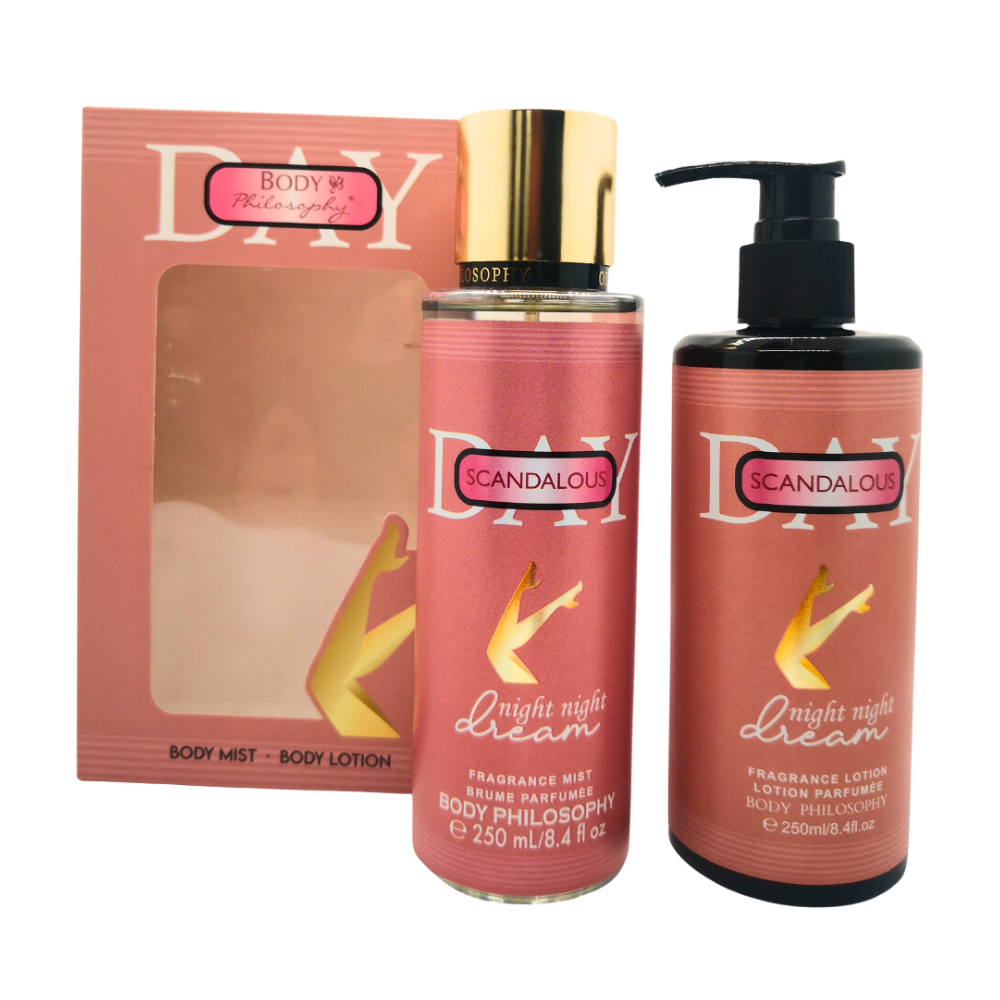 SET BODY PHILOSOPHY SCANDALOUS DAY SPLASH 250ML, BODY LOTION 250ML (M)