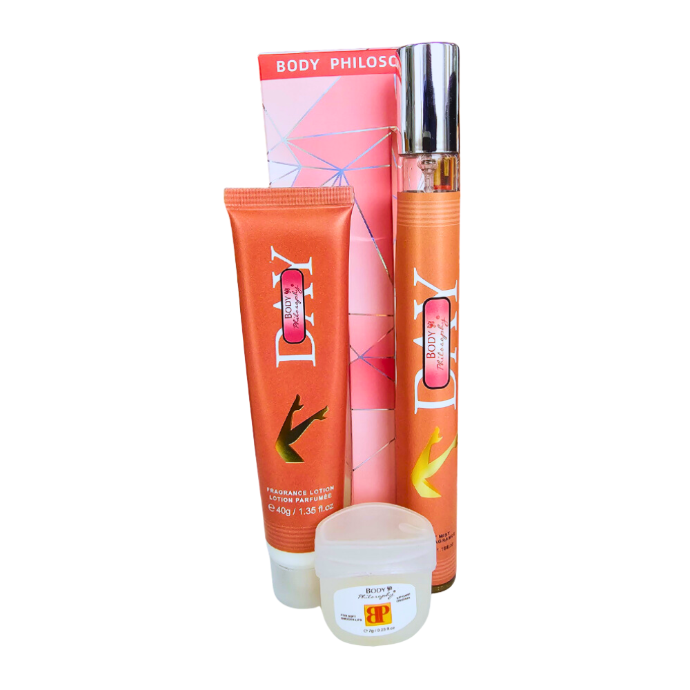 SET PERFUME EN TUBO PARA DAMA BODY PHILOSOPHY DAY EDP 35ML, BODY LOTION 40G, VASELINA 7G (M)
