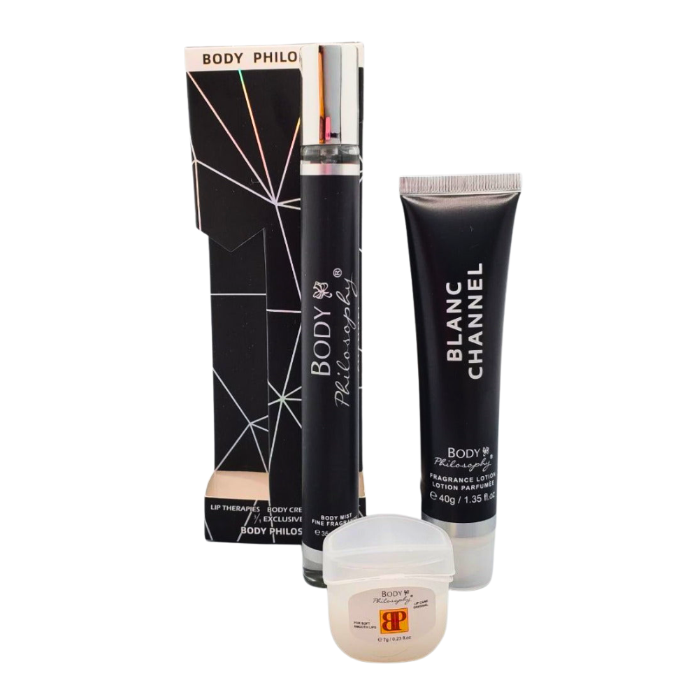 SET PERFUME EN TUBO PARA HOMBRE BODY PHILOSOPHY BLANC CHANNEL EDP 35ML, BODY LOTION 40G, VASELINA 7G (H)