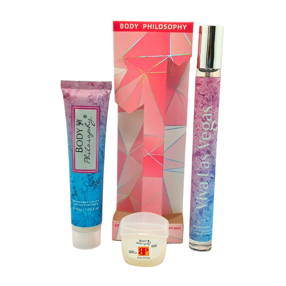 SET PERFUME EN TUBO PARA DAMA BODY PHILOSOPHY VIVA LAS VEGAS EDP 35ML, BODY LOTION 40G, VASELINA 7G (M)
