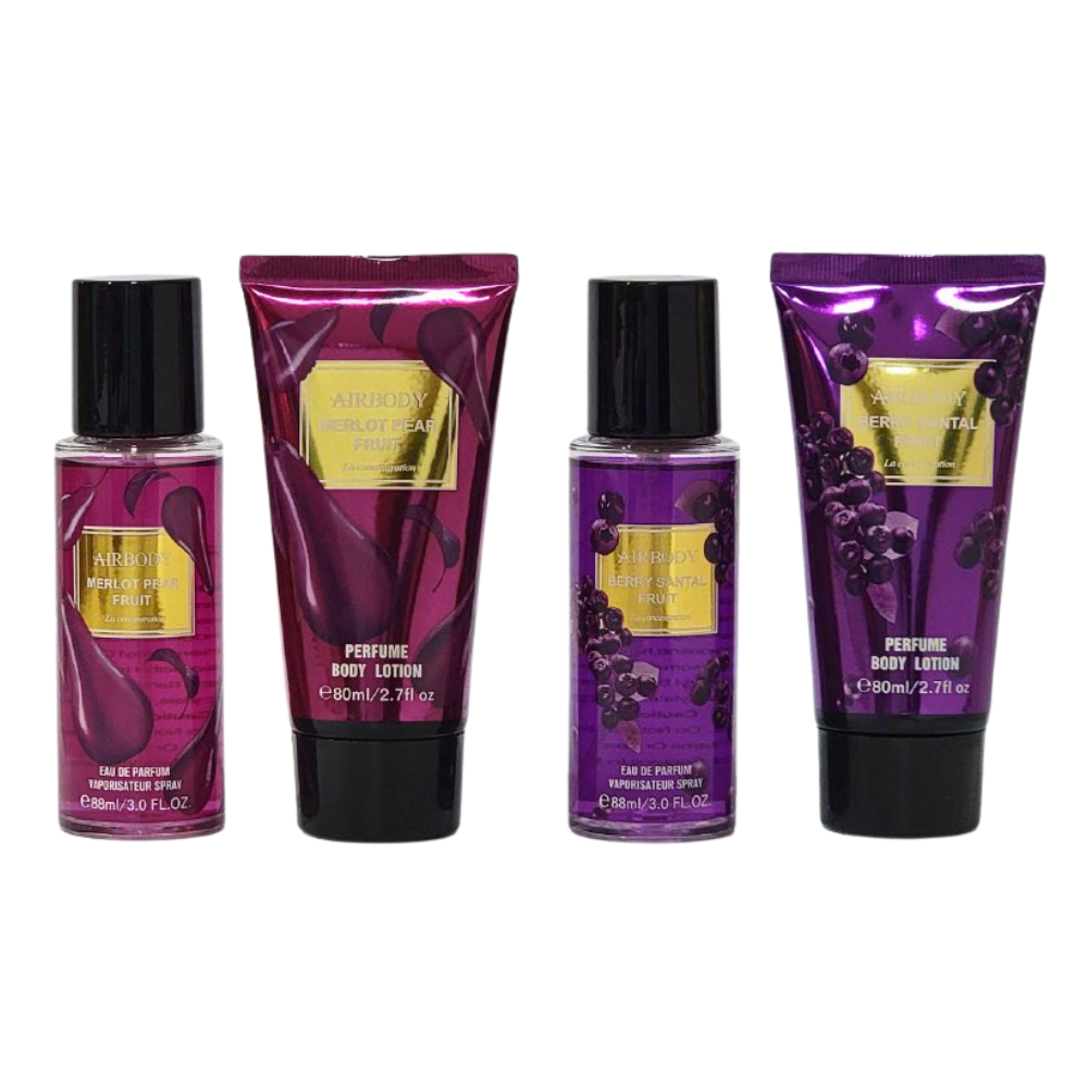 SET AIRBODY MERLOT PEAR FRUIT,BERRY SANTAL FRUIT SPLASH SPLASH 88MLX2, BODY LOTION 80MLX2 (M)