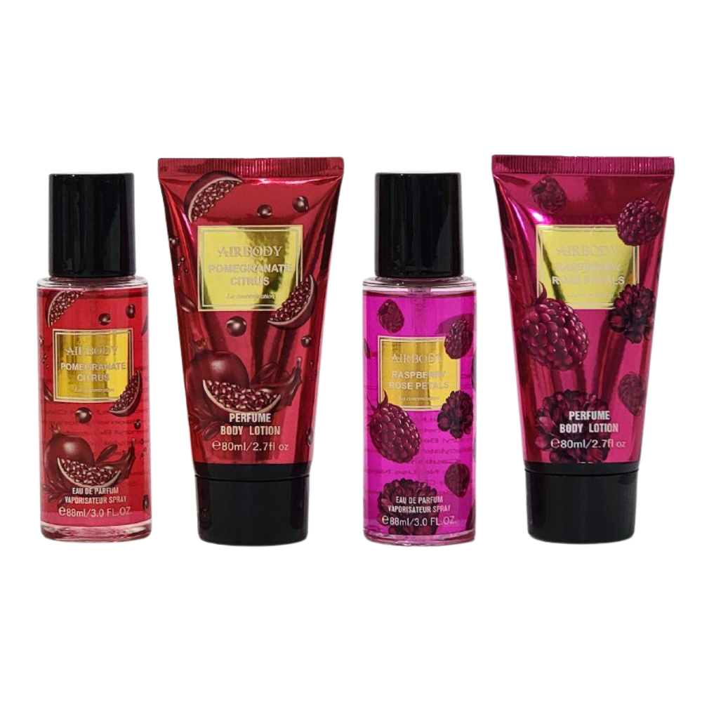 SET AIRBODY POMEGRANATE CITRUS,RASPBERRY ROSE PETALS SPLASH SPLASH 88MLX2, BODY LOTION 80MLX2 (M)