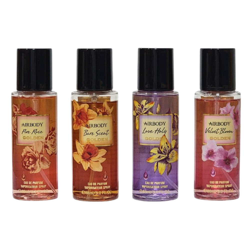 SET AIRBODY PURE ROSE GODEN, BARE SCENT GOLDEN, LOVE HOLY GOLDEN, VELVET BLOOM GOLDEN SPLASH SPLASH 88MLX2, BODY LOTION 80MLX2 (M)