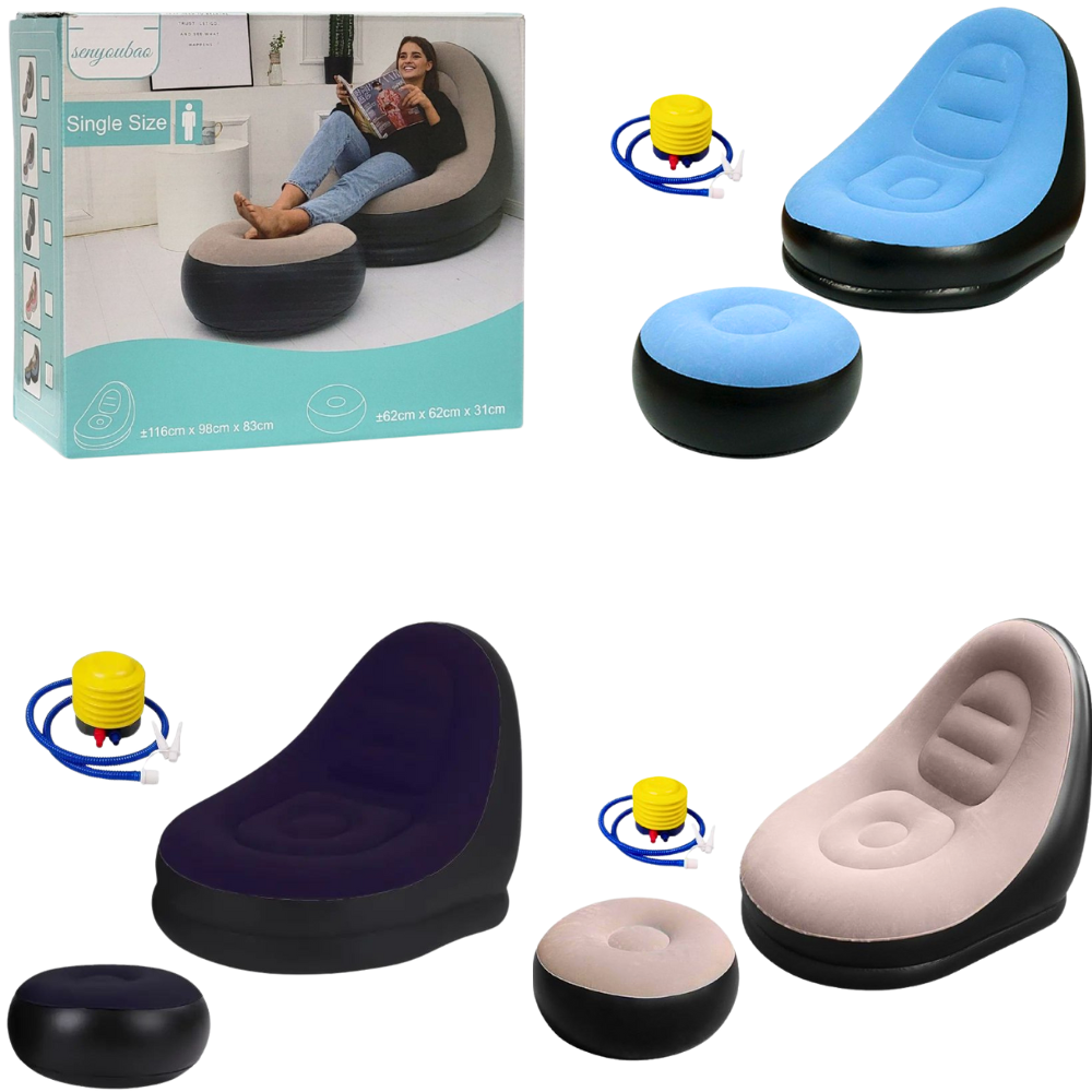 SOFA INFLABLE RECLINABLE, PARA EXTERIORES O INTERIORES CON REPOSAPIES Y BOMBA DE AIRE 3 COLORES SENYOUBAO