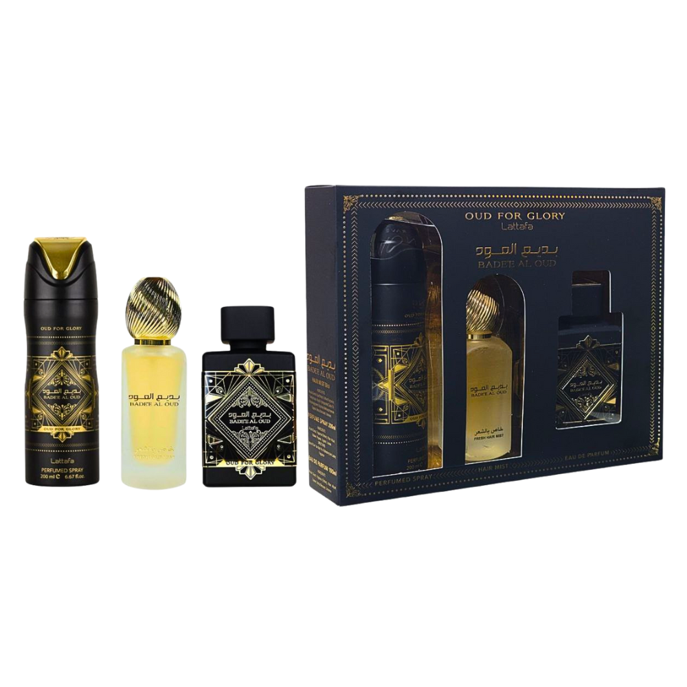SET LATTAFA BADEE AL OUD FOR GLORY EDP 100ML, HAIR MIST 50ML, BODY SPRAY 200ML (H)