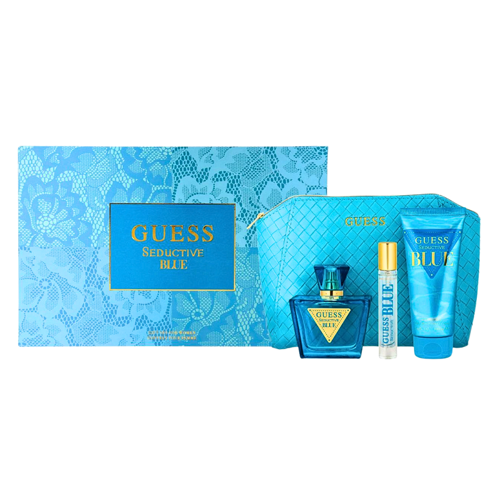 SET GUESS SEDUCTIVE BLUE FOR WOMEN EDT 75ML, EDT 15ML, BODY LOTION 100ML, COSMETIQUERA (M)