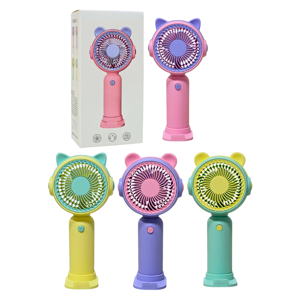 VENTILADOR DE MANO O MESA RECARGABLE CON SOPROTE PARA CELULAR 4 COLORES
