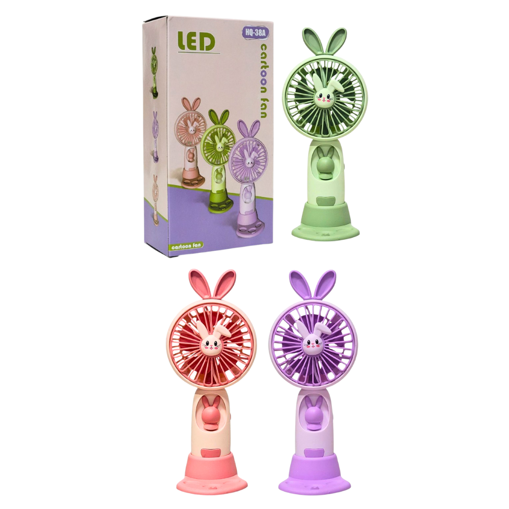 VENTILADOR DE MANO O MESA RECARGABLE CON LUZ LED Y SOPORTE PARA CELULAR CARTOON FAN 3 COLORES